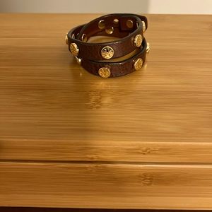 Tory Burch Brown Leather Logo Stud Wrap Bracelet